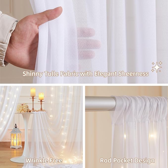 10x10FT White Wrinkle Free Backdrop Curtains with Lights String for Parties - Photo Curtain Backdrop with Lights for Wedding Decorations, Bridal Baby Shower Birthday Party Photography Background