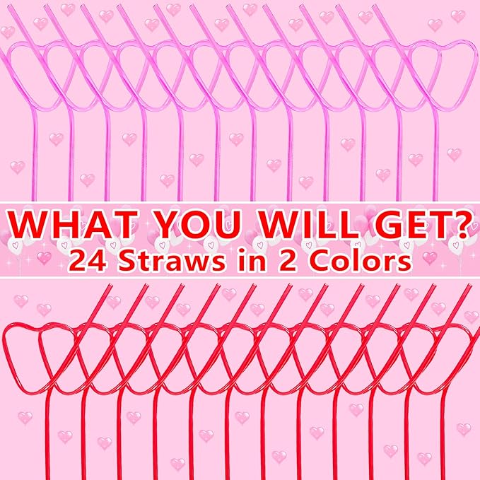 24PCS Valentine’s - Day - Wedding - Bachelorette - Party - Straws - Supplies - Decorations - Heart Shaped Drinking Straws for Galentine's Day V- Day Party Favors，Bridal Shower Birthday Parties Decor