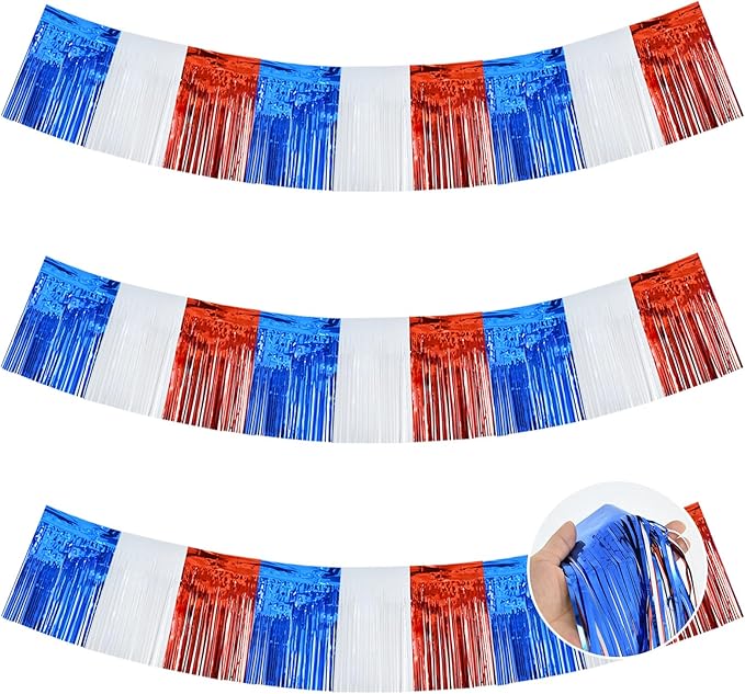 BEISHIDA 3 Packs Metallic Foil Fringe Garland Red White Blue Wall Hanging Tinsel Fringe Banners for Floats Birthday 4th of July Memorial Day Patriotic New Year Party Decoration(30 Feet)