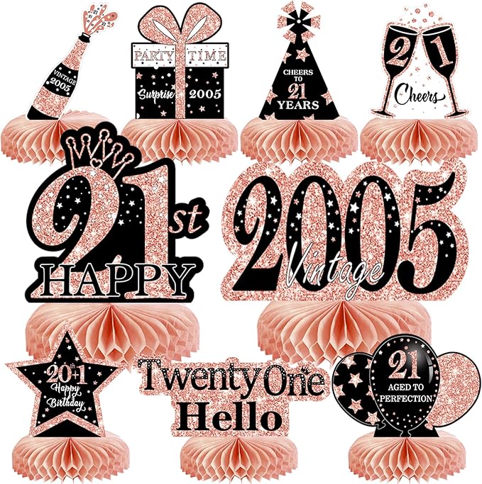 9Pcs Rose Gold Pink 21st Birthday Decorations Honeycomb Centerpieces for Girls,Happy 21st Birthday Centerpieces Tables Toppers Party Decorations Supplies,Vintage 2005 Aged Table Sign Decor