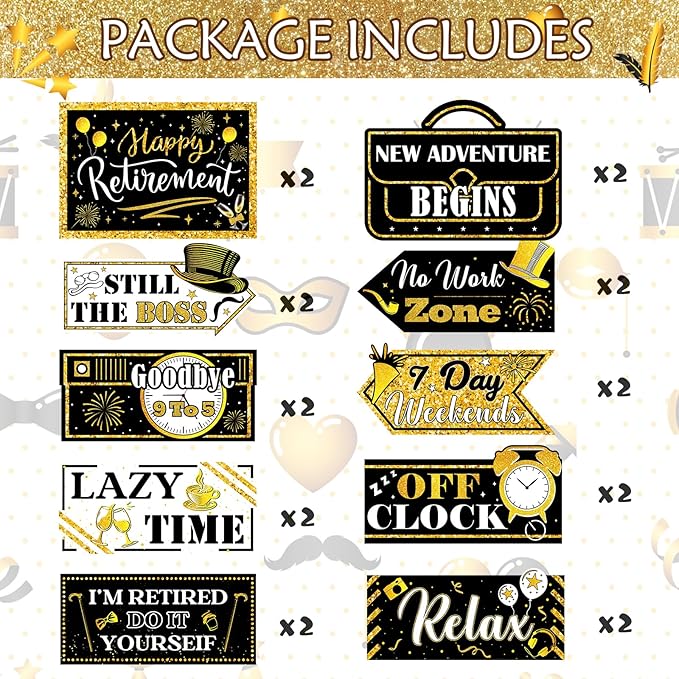 Hooqict Retirement Party Decorations 20 Pieces Happy Retirement Party Signs for Black and Gold Retirement Theme Party Decor Directional Banner Sign Retirement Birthday Party Supplies