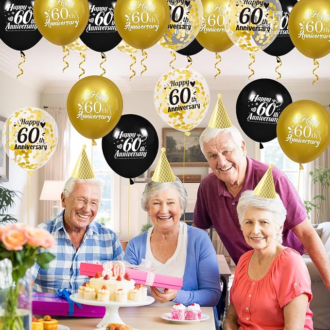 60th Anniversary Balloons 18Pcs Black Gold Anniversary Party Decorations for Women Men Black Gold 12Inch Happy Latex Metallic Confetti Balloons for Indoor Outdoor Party Supplies