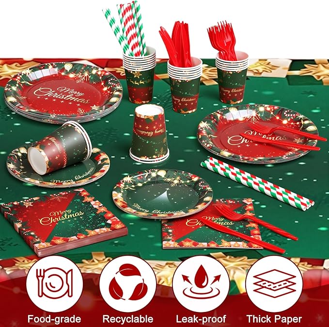 Christmas Party Decorations, Merry Christmas Party Supplies with Xmas Tree and Balls Theme, Disposable Tableware with Paper Plates, Napkins, Cups, Tableclot, Banner, Background Cloth (Serves 20)