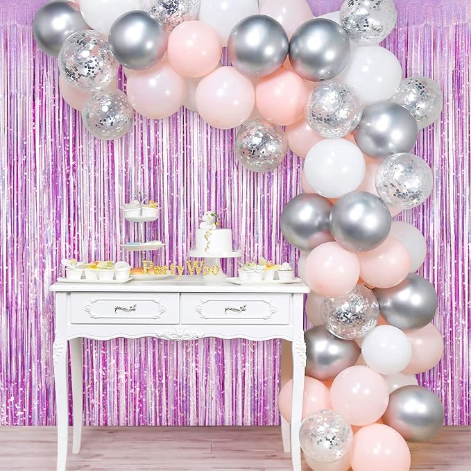 Light Purple Fringe Curtain Backdrop, 2 Pack Tinsel Foil Fringe Curtains Party Decorations Streamers, Xmas Light Purple Metallic Glitter Backdrop for Birthday Wedding Bridal Shower Photo Booth