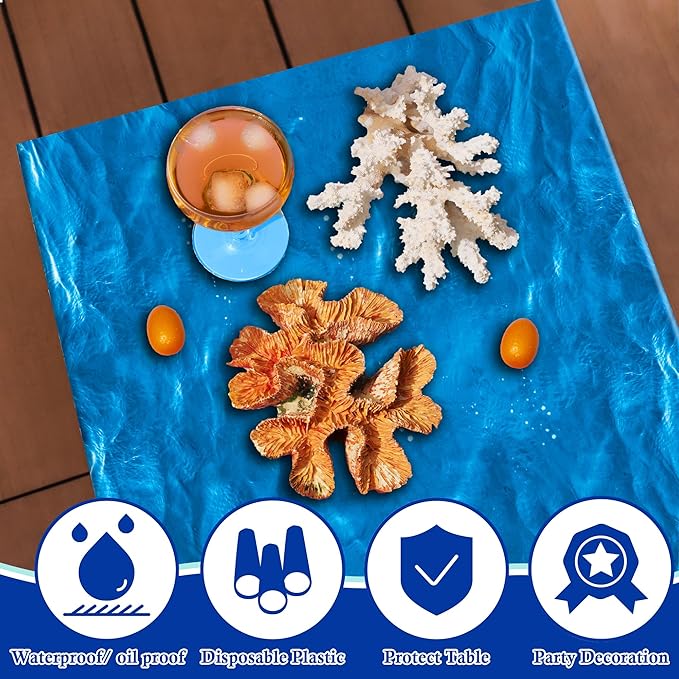 OHOME 2 Pack Beach Party Decorations - Ocean Waves Plastic Tablecloth for Pool Party Decorations - Sea Water Print Table Cover for Summer Birthday Beach Theme Blue Backdrop Banner