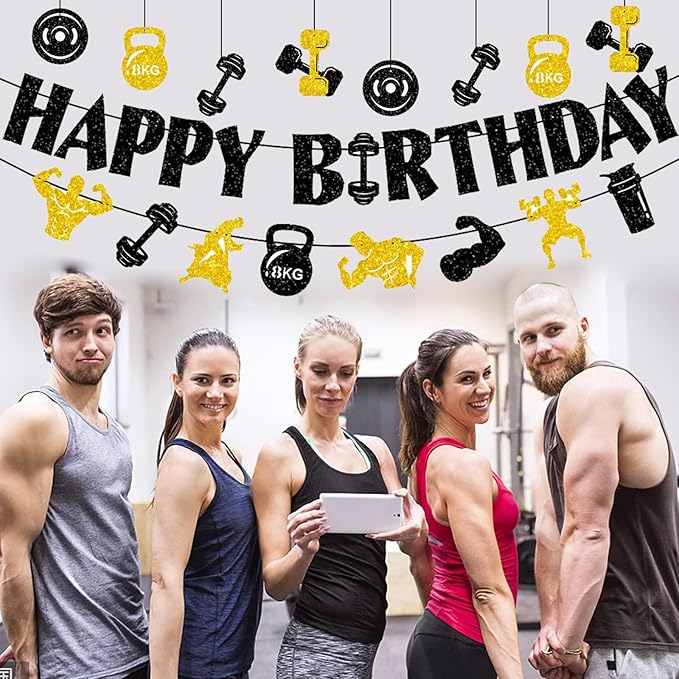 Zwiebeco Black Gold Gym Happy Birthday Banner Bunting Hanging Paper Ornament Garland Party Decorations for Fitness Dumbbells Kettlebells Weightlifting Themed Boys Mens Bday Decor Accessories Supplies