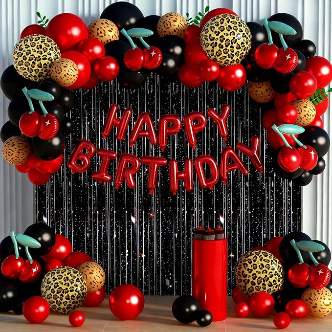 119Pcs Red Cheetah Print Birthday Decorations Balloons Kit, Black Red Cherry Leopard Print Balloons Birthday Foil Banner and Laser Fringe Curtain for Girls Women