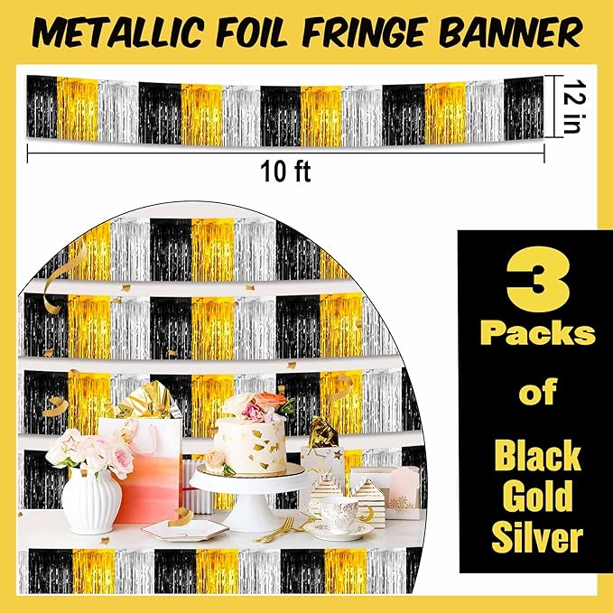 3 Pack 10 Ft Black Gold Silver Foil Fringe Garland Metallic Streamers Tinsel Banner Wall Hanging Garland Backdrop for Parade Floats, Halloween, Christmas, Thanksgiving, New Year Party Decorations
