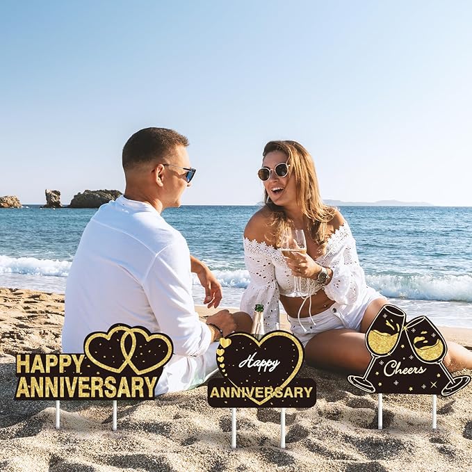 6pcs Happy Anniversary Wedding Yard Sign Decorations Outdoor, Gold Black Lawn Yard Sign with Stakes and for Married Men Women Wedding Birthday Decor Outdoor Party Supplies