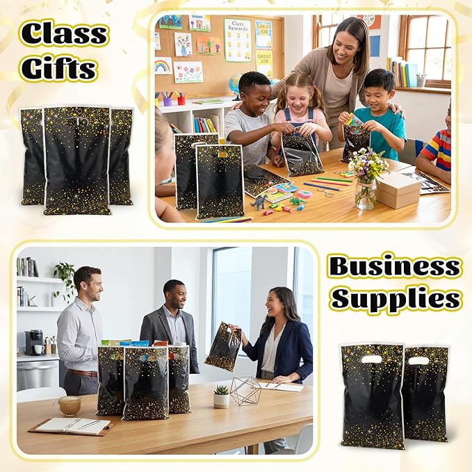 50 PCS Black and Gold Party Favor Gift Bags, Plastic Bags with Handles,Candy Snack Cookie Bags, Party Gift Bags Bulk for New Year Christmas Party Favors Supplies Graduation Decorations Baggies