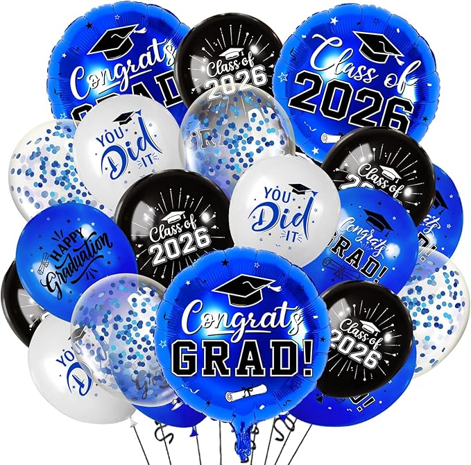 Blue and Black Graduation Balloons Graduation Decorations 2026, 51Pcs Grad Latex Balloons and Grad Foil Balloon with Confetti Ribbons Grad Party Decorations for College High School