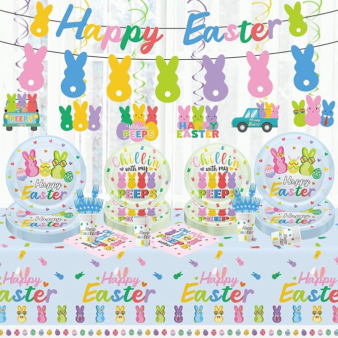 124pcs Easter Party Decorations Set Include Happy Easter Banner Chillin with My Peeps Paper Plates and Napkins,Paper Cups,Plastic Tablecloth and Forks,Hanging Swirls, for 20 Guests