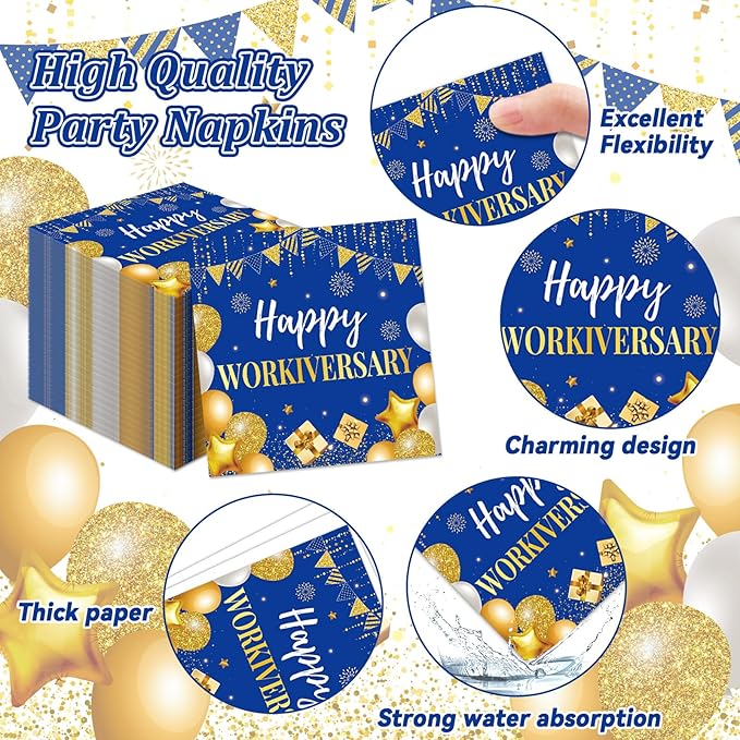 96Pcs Happy Work Anniversary Party Supplies Blue Gold Happy Workiversary Tableware Dinnerware Set Worker Appreciation Plates Napkins Decorations for Women Men Office Employee Worker