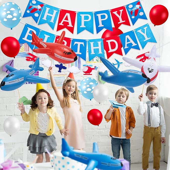 56 Pcs Airplane Birthday Party Decoration Inflatable Airplane Blue & Red Balloons Banners Air Adventure Themed Birthday Party Cloud Aircraft Decor