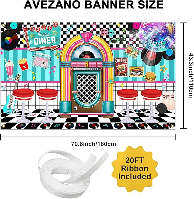 Avezano 50s Retro Diner Party Backdrop 50s Retro Rock and Roll Diner Classic Decoration Banner 1950s Sock Hop Party Decor 70.8 x 43.3 Inch