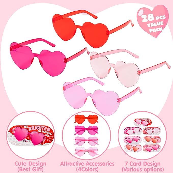 JOYIN 28 Packs Valentines Day Heart Shaped Sunglasses with Cards, Classroom Exchange Gift for Kids, Classroom Holiday Prizes, Stylish Eyewear in Vibrant Colors, Heart Shaped Glasses Party Favors