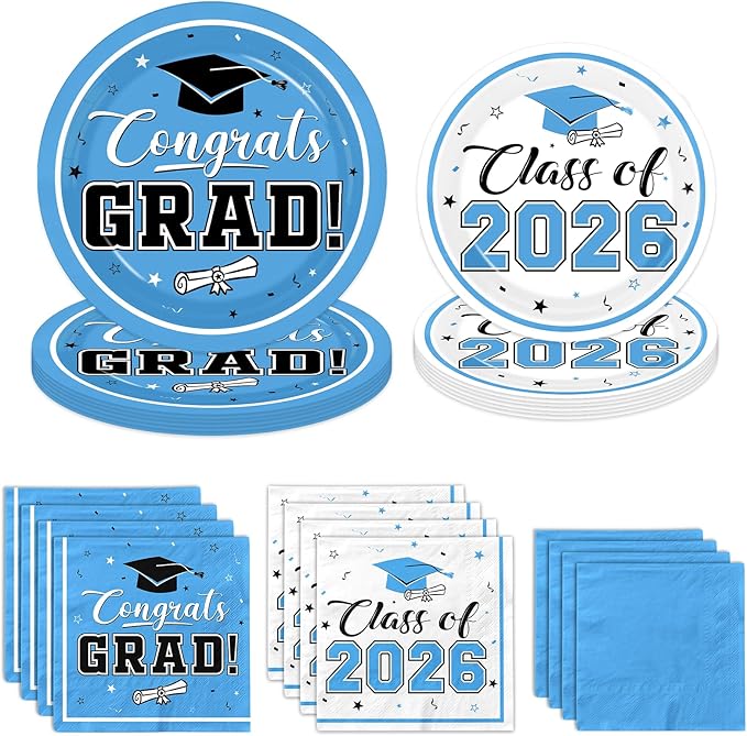 Light Blue Graduation Plates and Napkins Class of 2026 Grad Congrats Party Supplies Disposable Dessert Paper Plates Cocktail Napkins for Sky Blue Graduation Party Decorations,Serve 50