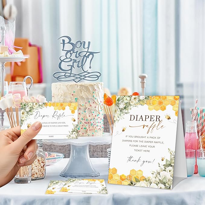 Honey Bee Diaper Raffle Game, Diaper Raffle Tickets for Baby Shower, Bee Theme Gender Neutral Tickets for Baby Shower Party Favor Decorations Supplies (1 Sign + 50 Cards)