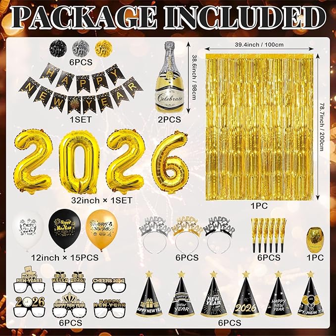 Happy New Year Party Decorations Supplies 2026- Hats, Banner, Glasses, Foil Balloon and Fringe Curtains, New Years Eve Black and Gold Party Decorations