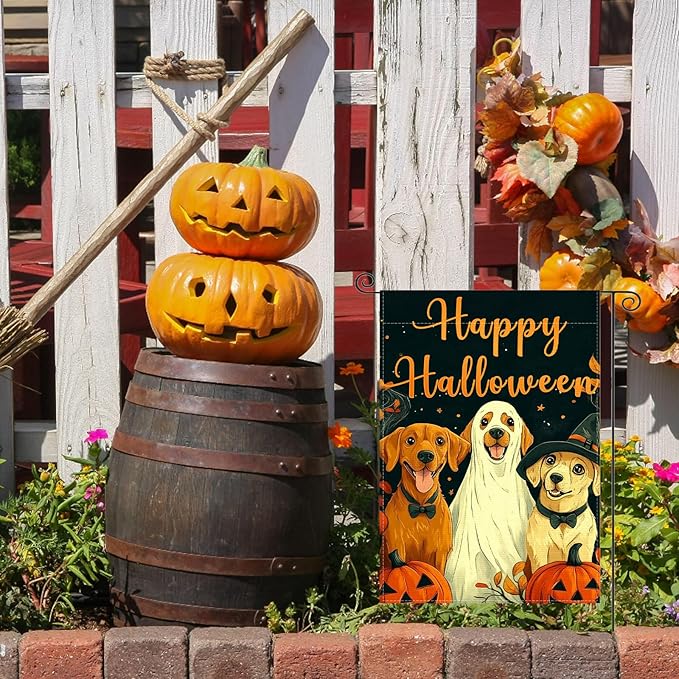 Fall Garden Flag for Outside, Happy Halloween Pumpkin Dog Garden Flags - 12x18 Inch Double Sided, Halloween Fall Decorations Outdoor, Burlap Halloweens Gardens Flag Decor for Outside Home, Falls Flags