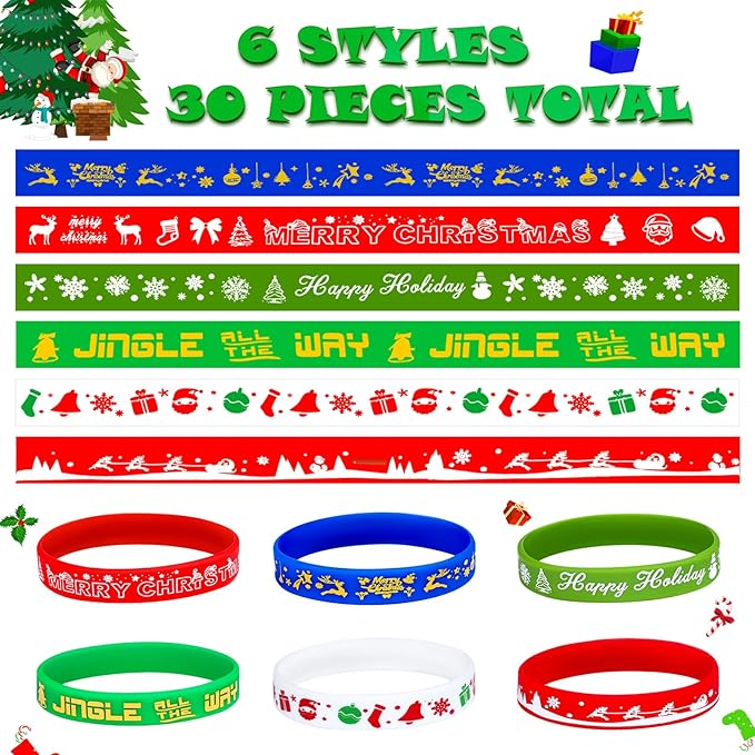 Christmas Rubber Bracelets 30 PCS Bulk Christmas Party Favors Stocking Stuffers for Kids Silicone Wristbands Goodie Bags Stuffers Xmas Toys Student Gifts Party Supplies Decorations Classroom Prizes