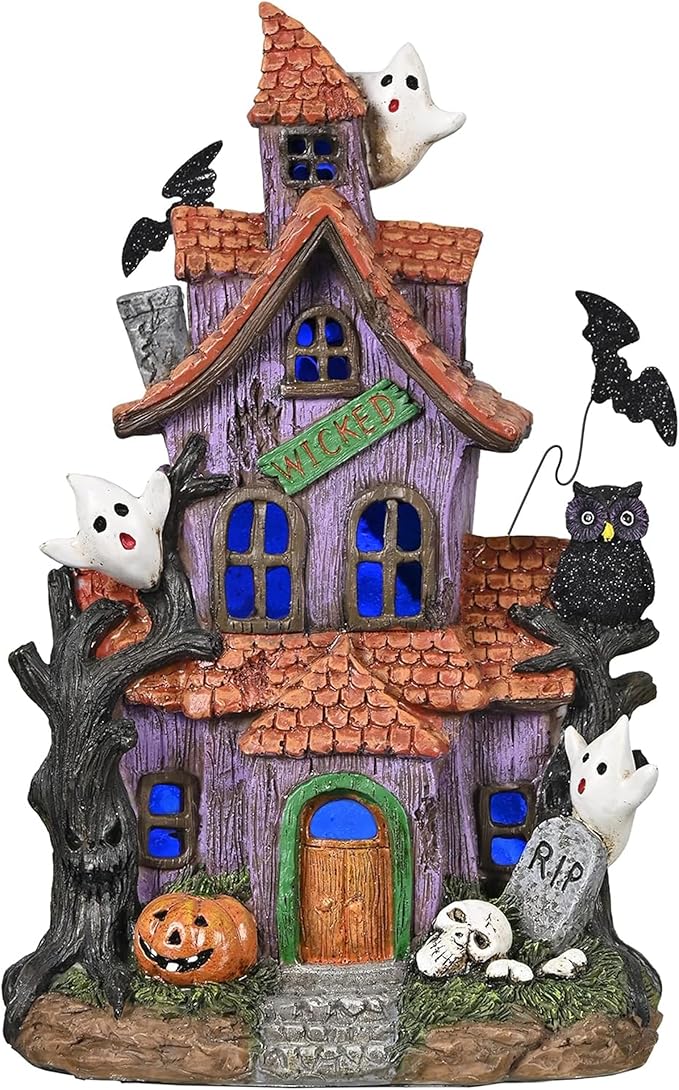 Valery Madelyn Halloween Decorations, Lighted Halloween Village Houses with LED Lights, Resin Spooky Town Happy Haunted House for Home and Party Table Desk Mantel, 9 Inch