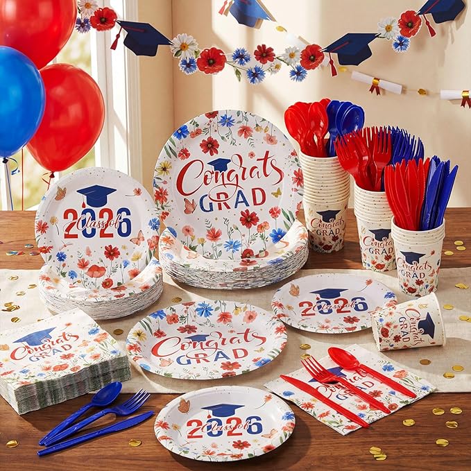400 Pcs Class of 2026 Blue Floral Graduation Decorations for 50 Guests, Blue Red Flower Graduation Paper Plates Napkins and Cups Cutlery Grad Tableware for 2026 Congrats Grad Party Supply