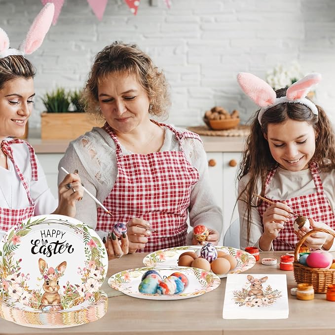 50Pcs Easter Paper Plates and Napkins Set Serve 25 Guests 10" x 12.5" Large Oval Plates and 6.5'' Napkins, Disposable Heavy Duty Easter Tableware Set Plate Bunny Egg Dinnerware Party Supplies