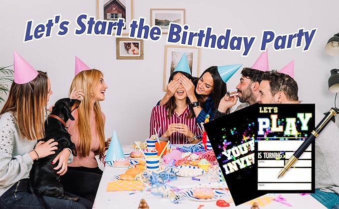 CLIRBE Let's Play Birthday Party Invitations, Glow Neon Invited Birthday Invitations For Teen Boys Girls, 20 Invites Cards With 20 Envelopes, Party Supplies Favors -H15