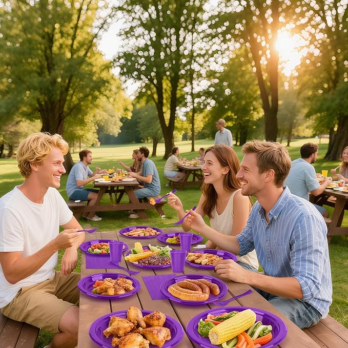 200pcs Purple Plastic Plates Party Supplies, Disposable Purple Party Plates, 50 of Each 9" Dinner Plate, Napkins, Cups & Cutlery Dinnerware Party Decorations for Graduations, Birthday, Wedding