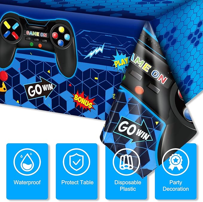 Tatuo 3 Pcs Video Game Table Cover, Game Theme Birthday Decoration Plastic Table Cloth Party Supplies for Boys Girls Kids Player Geek Party Decorations, 54 x 108 Inch (Blue)