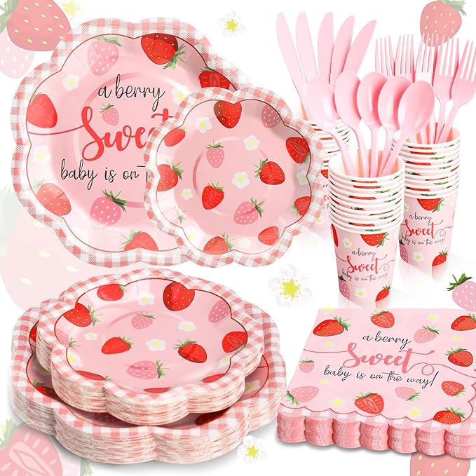 Strawberry Baby Shower Decorations for Girl, Baby Shower Plates and Cups and Napkins Sets Serves 50, Strawberry Plates, A Berry Sweet baby Is On The Way Decorations, Berry Sweet baby shower