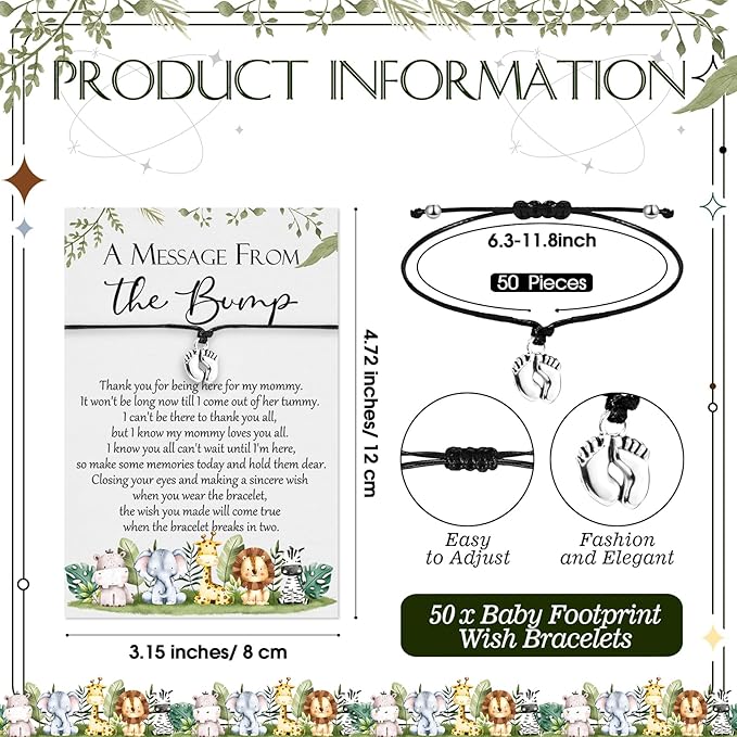 Thyle 50 Set Safari Baby Shower Favors for Guests Adjustable Bracelets with Message from The Bump Card Footprints Charm Baby Shower Bracelets for Gender Reveal Thank You Gifts
