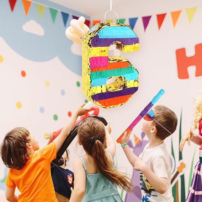 Rainbow Number 6 Pinata for 6th Birthday Party Decorations Fiesta Centerpieces Kids Anniversary Celebrations Birthday Party Supplies (16.1 x 10.6 x 3 Inches)