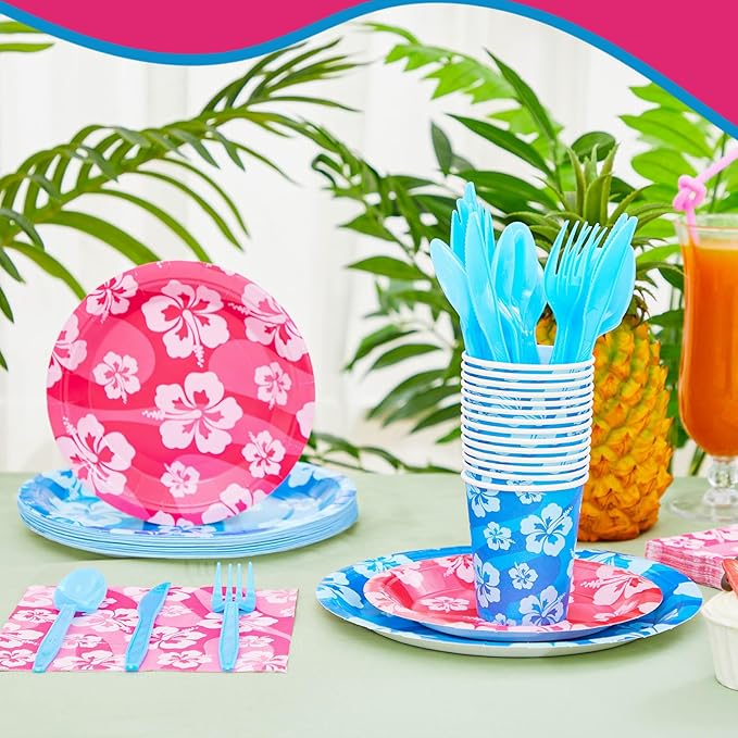 LemonRoad 168pcs Hawaiian Blue Pink Cartoon Birthday Party Supplies Disposable Tableware Set Serve 24 Guests Include Paper Plates Cups Napkins Plastic Spoons Forks Knives for Christmas Party Summer