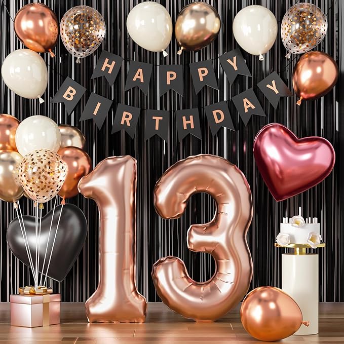 13th Birthday Decorations for Girls - Rose Gold, Black Hot Pink Party Supplies Set with Happy 13th Banner, Number 13 Balloons and Foil Fringe Curtains - 13 Year Old Officially Teenager Celebration Kit