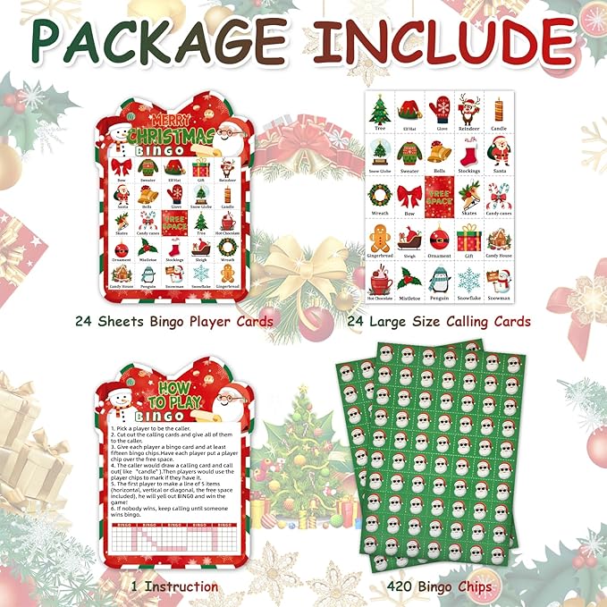 Christmas Bingo Cards Game Set - Xmas Festive Holiday Party Supplies for Kids and Adults, 24 Players, Merry Christmas Themed Bingo Cards for School Classroom, Family Activities, Seasonal Party Favors