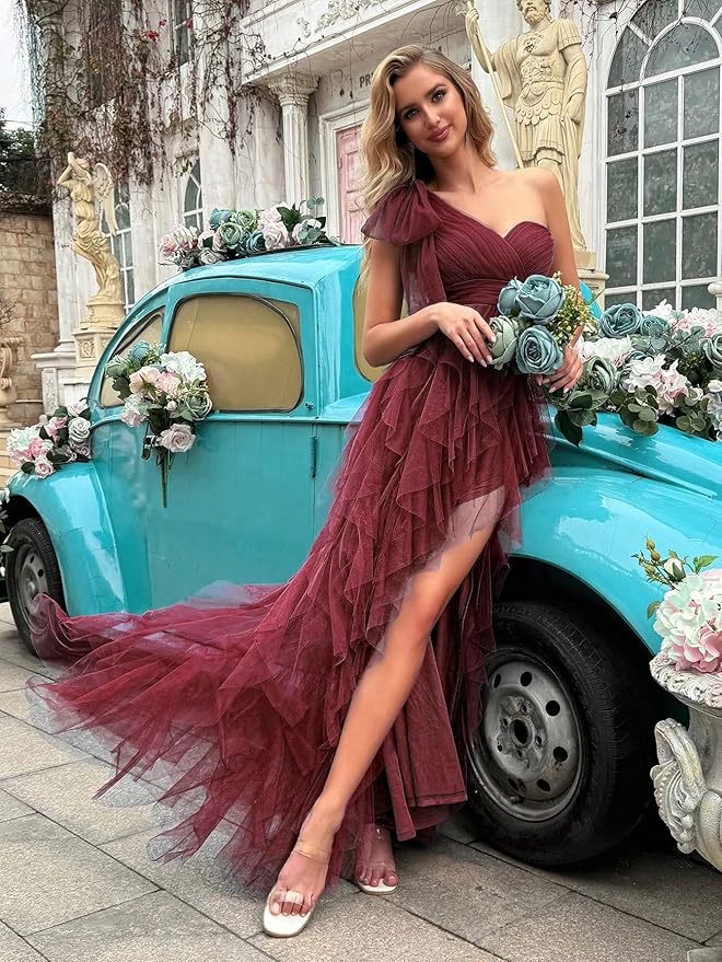 Summer Women Tulle Prom Dress Elegant Bow One Shoulder Slit Evening Party Gown Wedding Guest Bridesmaid Maxi Dress