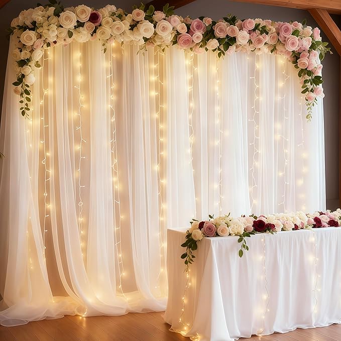 20×10ft White Tulle Backdrop Curtain with Lights String for Parties, Sheer Photo Backdrop Curtains for Wedding Ceremony Birthday Party Bridal Shower Decoration