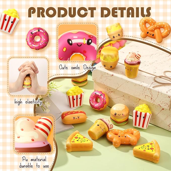 56 Pcs Fast Food Stress Balls Slow Rising Fidget Sensory Toy Emotional Relief Squeeze Stretchy Food Stress Toys for Funny Goodie Bag Fillers Gifts Party Favors Office Holiday