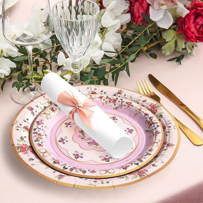 96pcs Tea Party Plates and Napkins Cups Fancy Paper Plates Round Disposable Tableware Set for 24 Guest Gold Border Retro Gorgeous Picnic Wedding Kids Birthday Party Supplies Decorations
