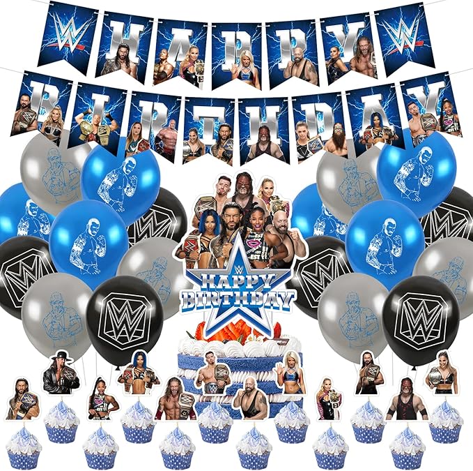 Wrestling Birthday Party Decorations Supply Set for Kids with Happy Birthday Banner, Cake Topper, Cupcake Toppers, Balloons for Party Decorations (Party set)