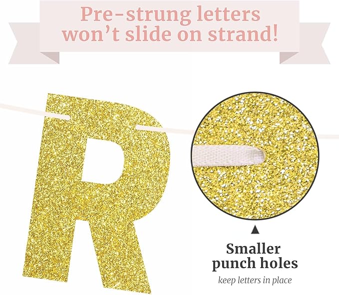 Pre-strung Happy Birthday Banner - No DIY - Glitter Birthday Party Banner for Men & Women - Pre-strung Garland on 8 ft Strands - Bday Party Decorations & Decor. Did We Mention No DIY (Yellow Gold)