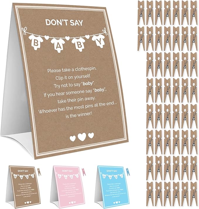 Party Hearty Baby Shower Games for Girl & Boy, Don't Say Baby Game,1 Sign and 50 Mini Natural Clothespins, Shower Game Ideas