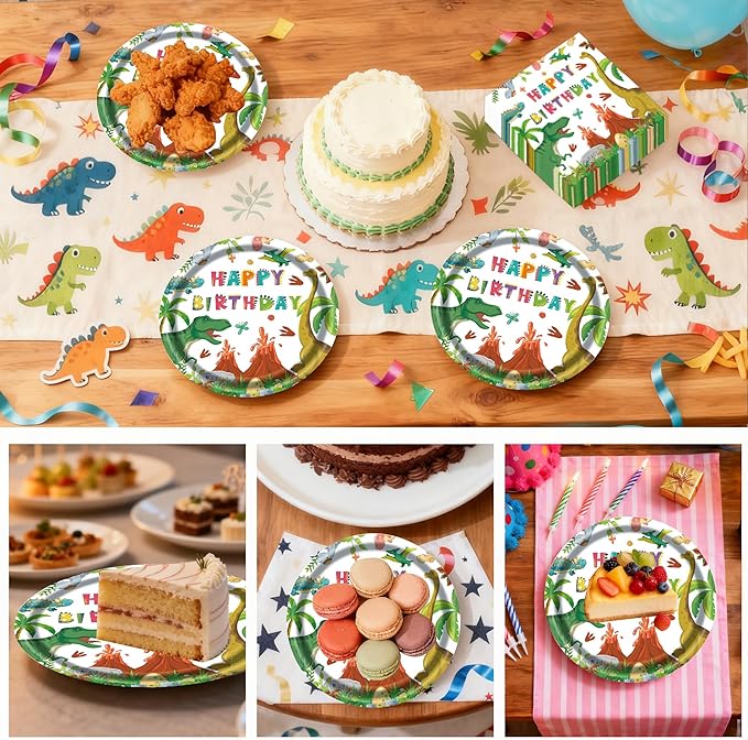 50PCS Dinosaur Birthday Paper Plates and Napkins - Watercolor Disposable Paper Plates Napkins Kit for Dinosaur Birthday Party Decorations Table Decor, Serves 25