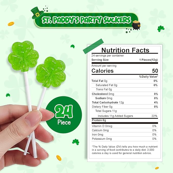 4E's Novelty 24 Pack St. Patrick's Day Shamrock Lollipops, Green Apple Flavor Individually Wrapped Shamrock Shape Candies, St Patricks Suckers Party Favors Goodie Bag Fillers, Fun St Patty's Day Office Classroom Candy