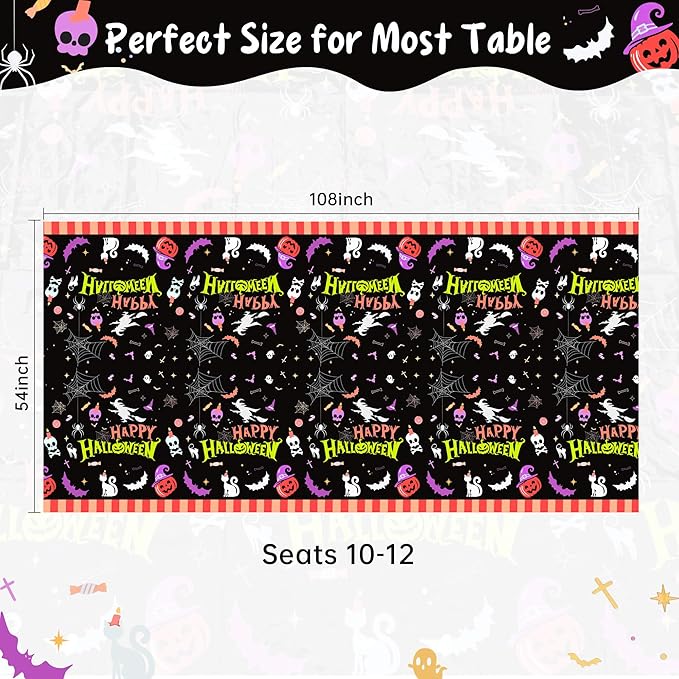 Halloween Tablecloth Plastic Disposable – 3 Pack 54 x 108 Inch Rectangle Table Covers – Witches, Skulls, Pumpkins & Spider Webs – Halloween Table Decorations for Party or Dining
