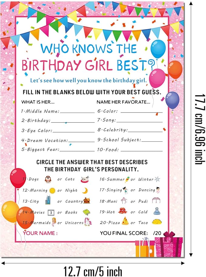 Skylety The Birthday Girl Best, 50 Pieces Birthday Party Activity Game Card Set Who Knows Her Best Girl Birthday Party Activity Themed Party Decorations (Pink)