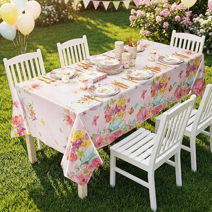 352 Pcs Tea Party Disposable Tableware Set Tea Party Supplies Serve 50 Guests Paper Plates Cup Napkin Plastic Cutlery Tablecloth for Wedding Bridal Birth Baby Shower Dinner