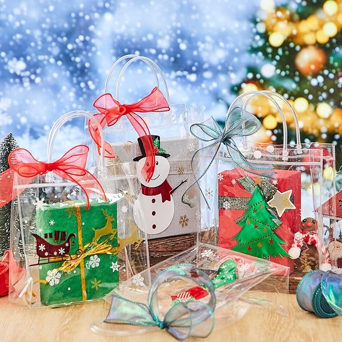 Henoyso 24 Pcs Christmas Clear Gift Bags Plastic Candy Treat Goodie Bags Red Foil Santa PVC Wrap Totes with Handles and Ribbon Xmas Party Favors (Red and Green,7.8 x 7.8 x 3.1 Inch)